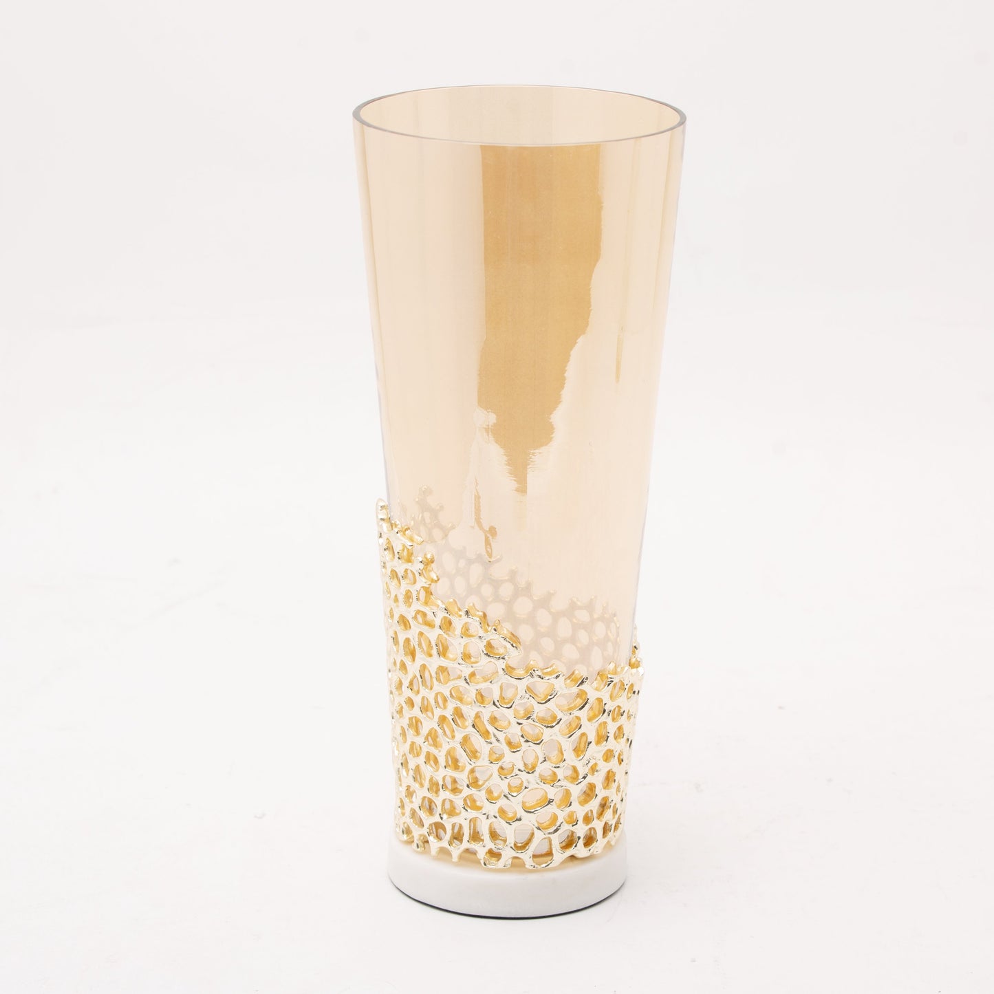 ALEXANDER BRAS MESH FLOWER VASE LARGE & GOLD LUSTER GLASS WITH WHITE MARBLE- 918006
