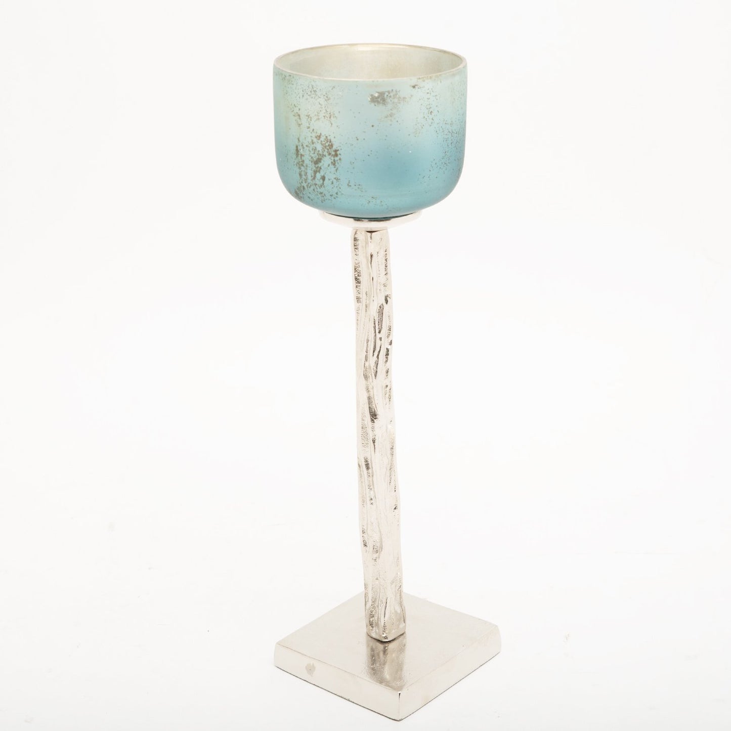 PANACHE DECO GLASS VOTIVE W/ALUM STAND 14.25 BLU MIST/NICKEL - 30094