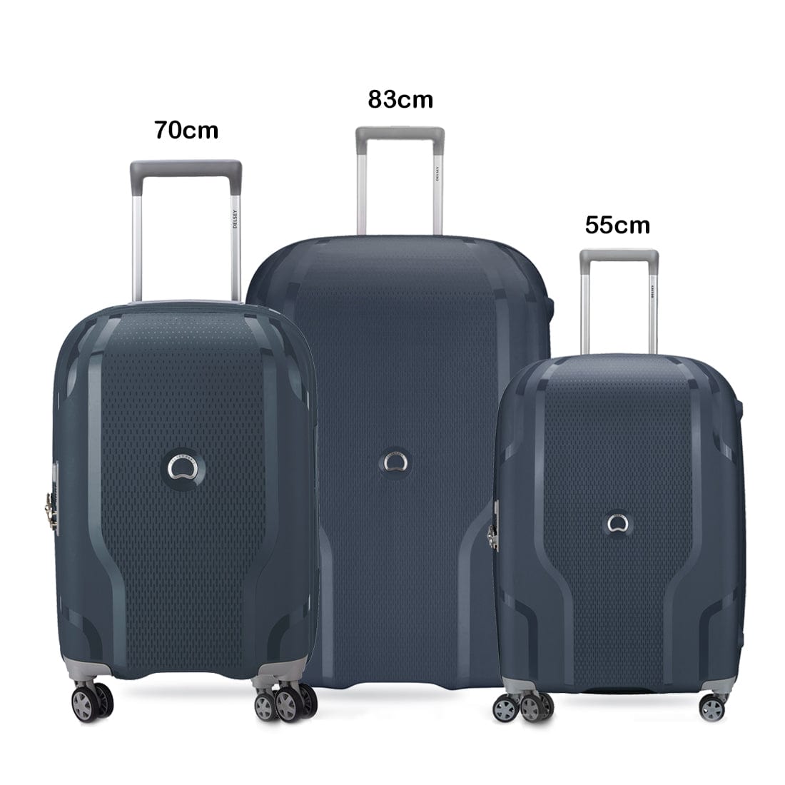 Delsey Clavel 55+70+83cm Hardcase 4 Double Wheel 3 Piece Luggage Trolley Set Blue Jean