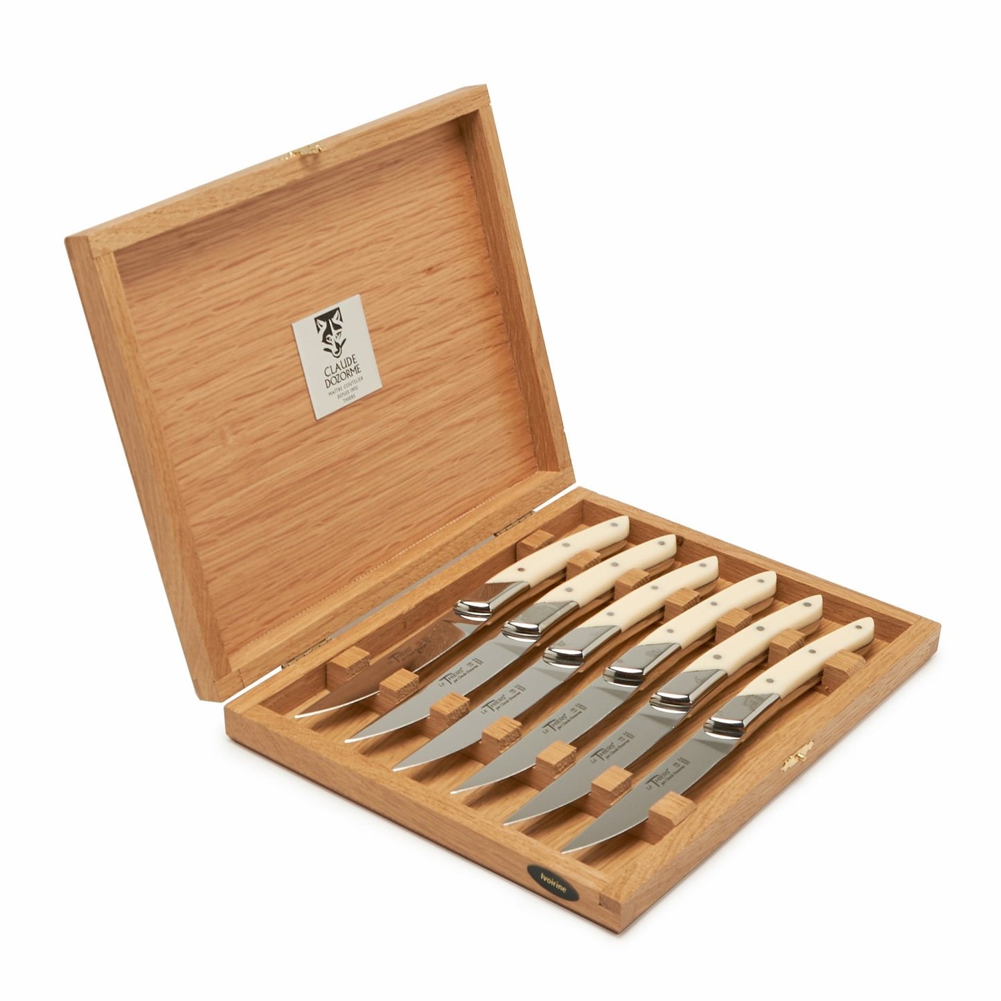 CLAUDE DZORME THIERS 6PC ART DECO KNIVES IVORY HANDLE SHINY STAINLESS STEEL OAK BOX - 5.90.001.85MI