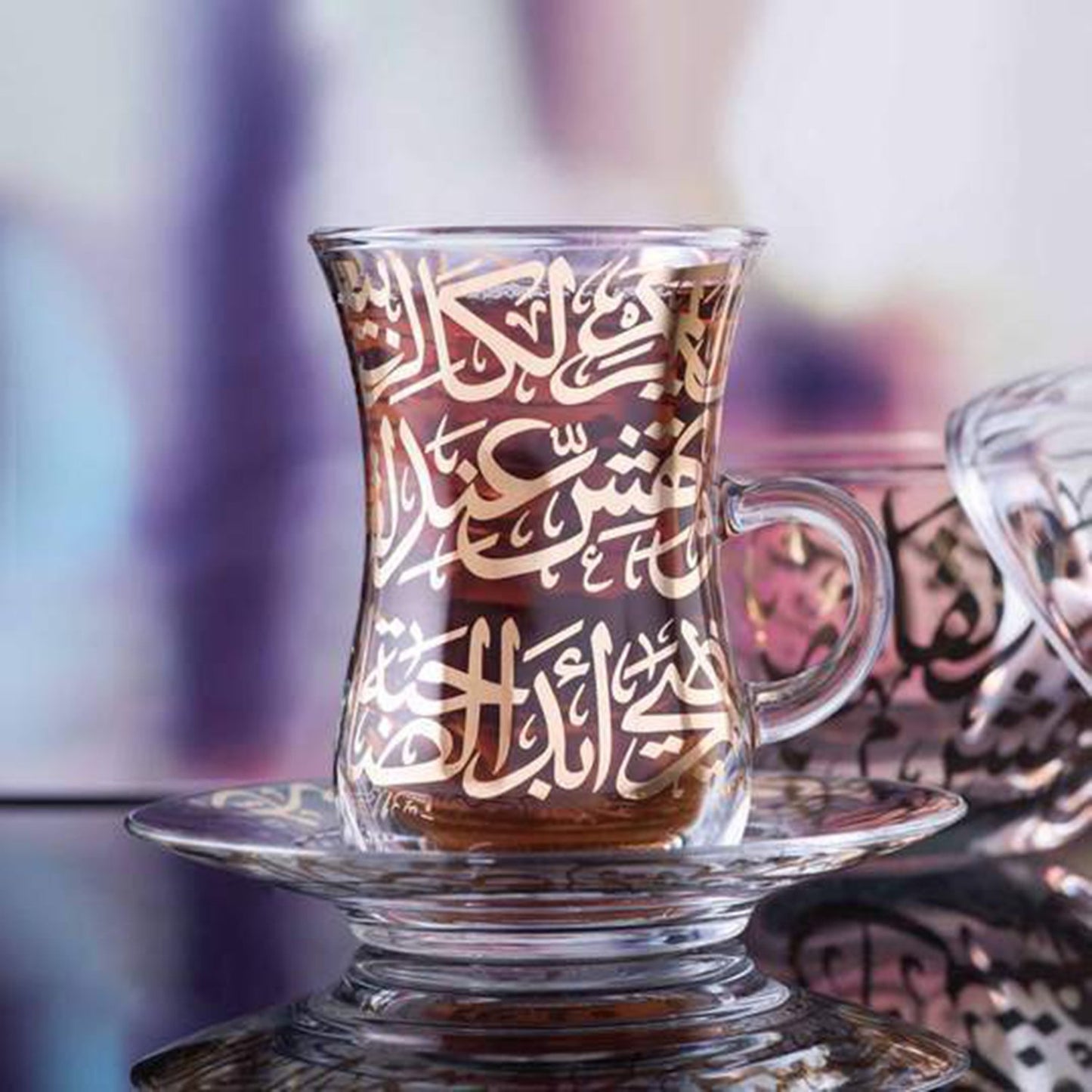 Dimlaj Kareem Tea Glass and Saucer Set - Clear and Gold, 12 Pieces - 46761 - Jashanmal Home