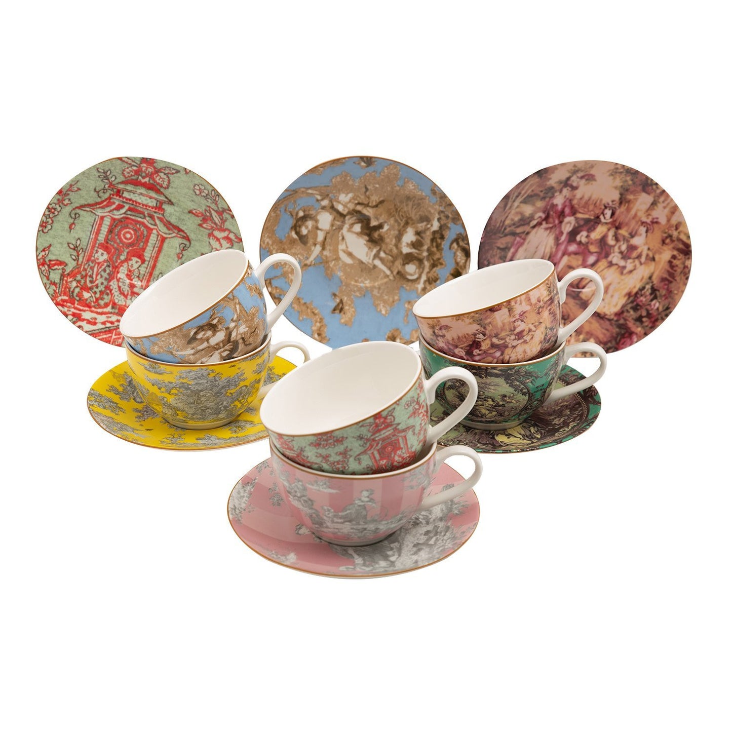 L'atelier FB Toile De Jouy Tea Cup and Saucer Set - 220 cc., 12 Pieces - TC 4718 013 - Jashanmal Home