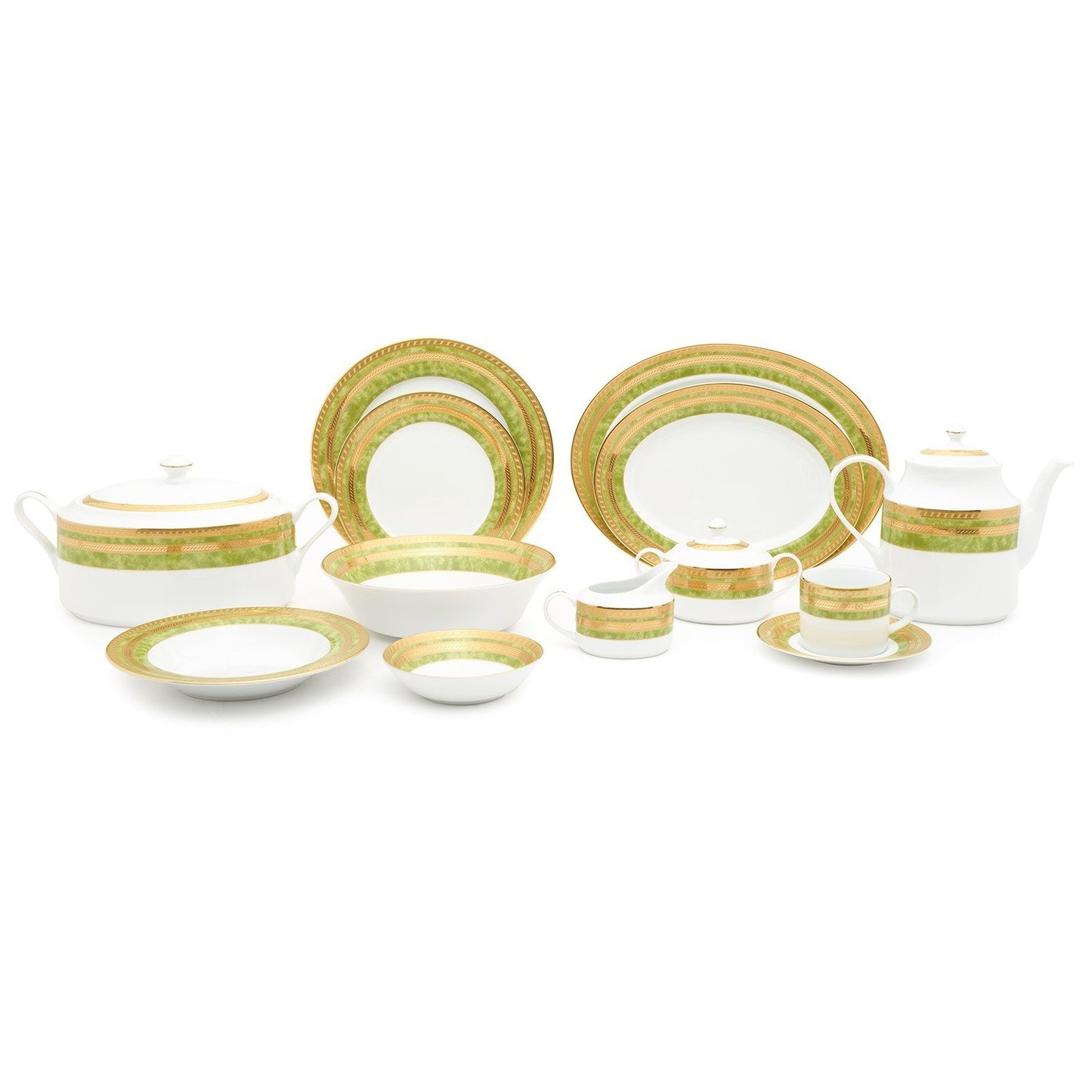 Dankotuwa Porcelain Berlinda Dinner Set - Light Green and Gold, 59 Piece - BERGRN-59DS