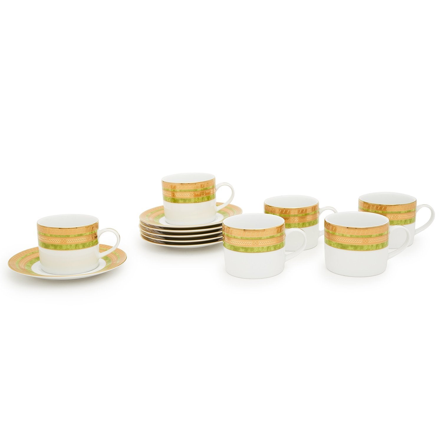 Dankotuwa Porcelain Berlinda Tea Cup and Saucer Set - Green and Gold, 6 Piece - BERGRN-687/689 - Jashanmal Home