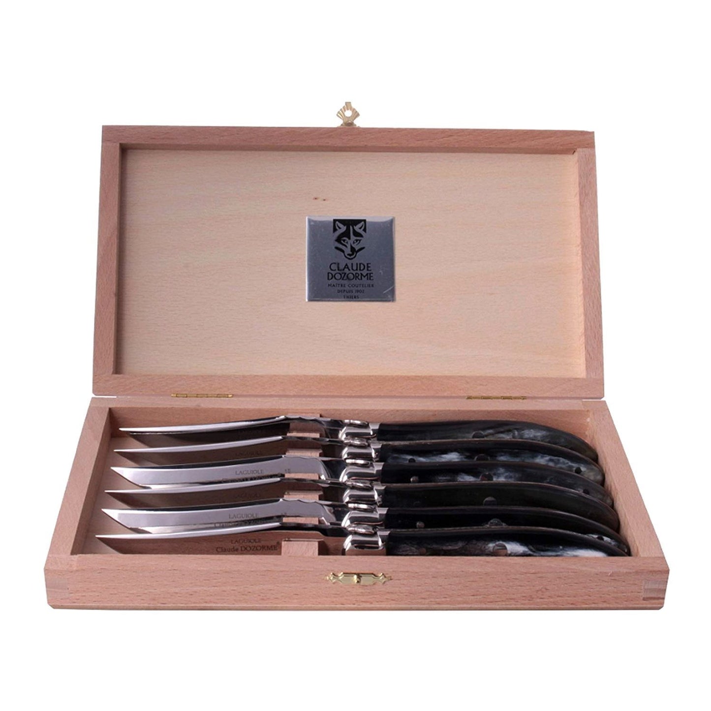 CLAUDE DOZORME LAGUIOLE KNIFE SET WITH BLACK HORN HANDLE AND SHINY BOLSTER - 6 PIECES - 2.60.001.64MI