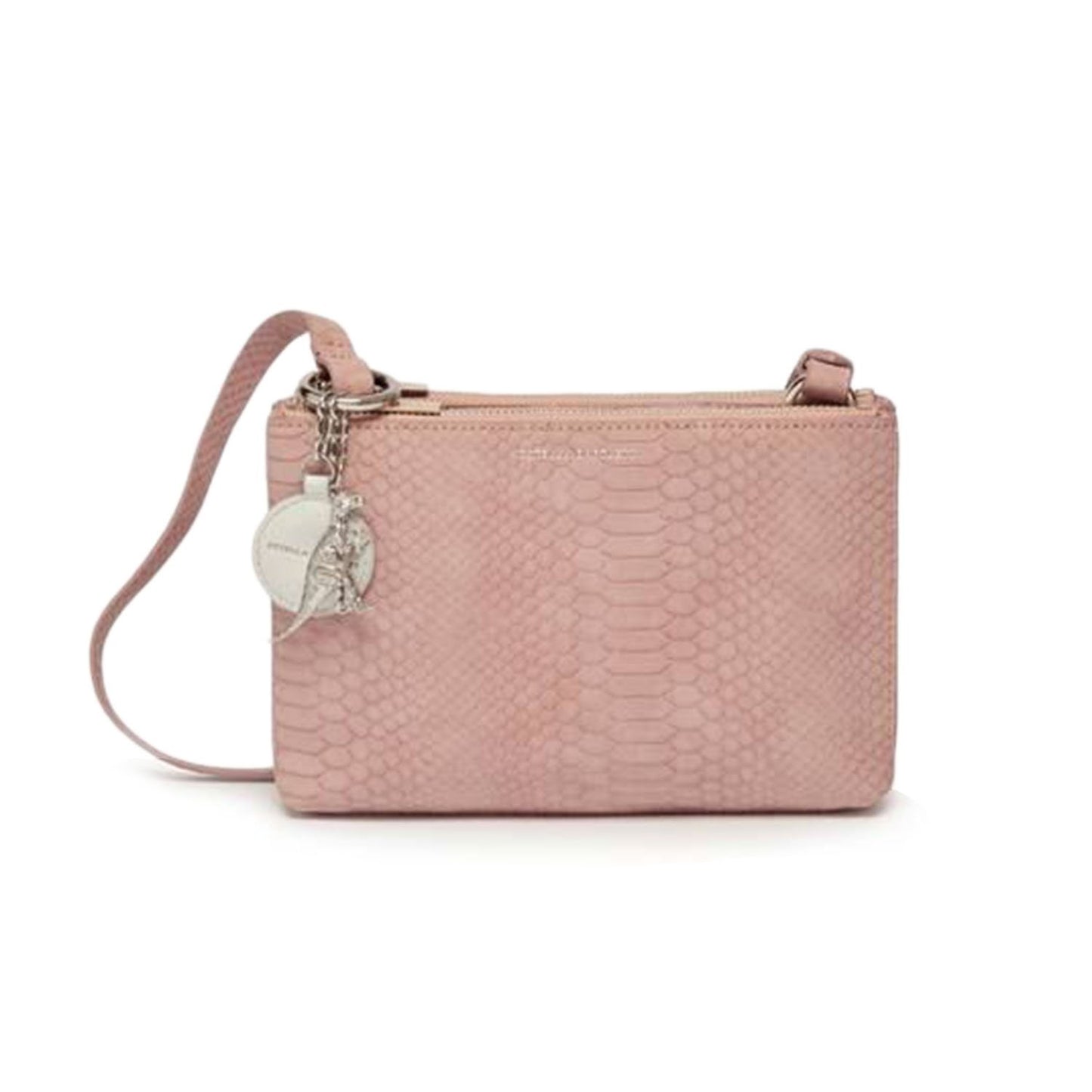 Estella Bartlett Southwark Double Crossbody Bag - Blush Snake with Bagtag and Dinosaur Charm - EBP3610